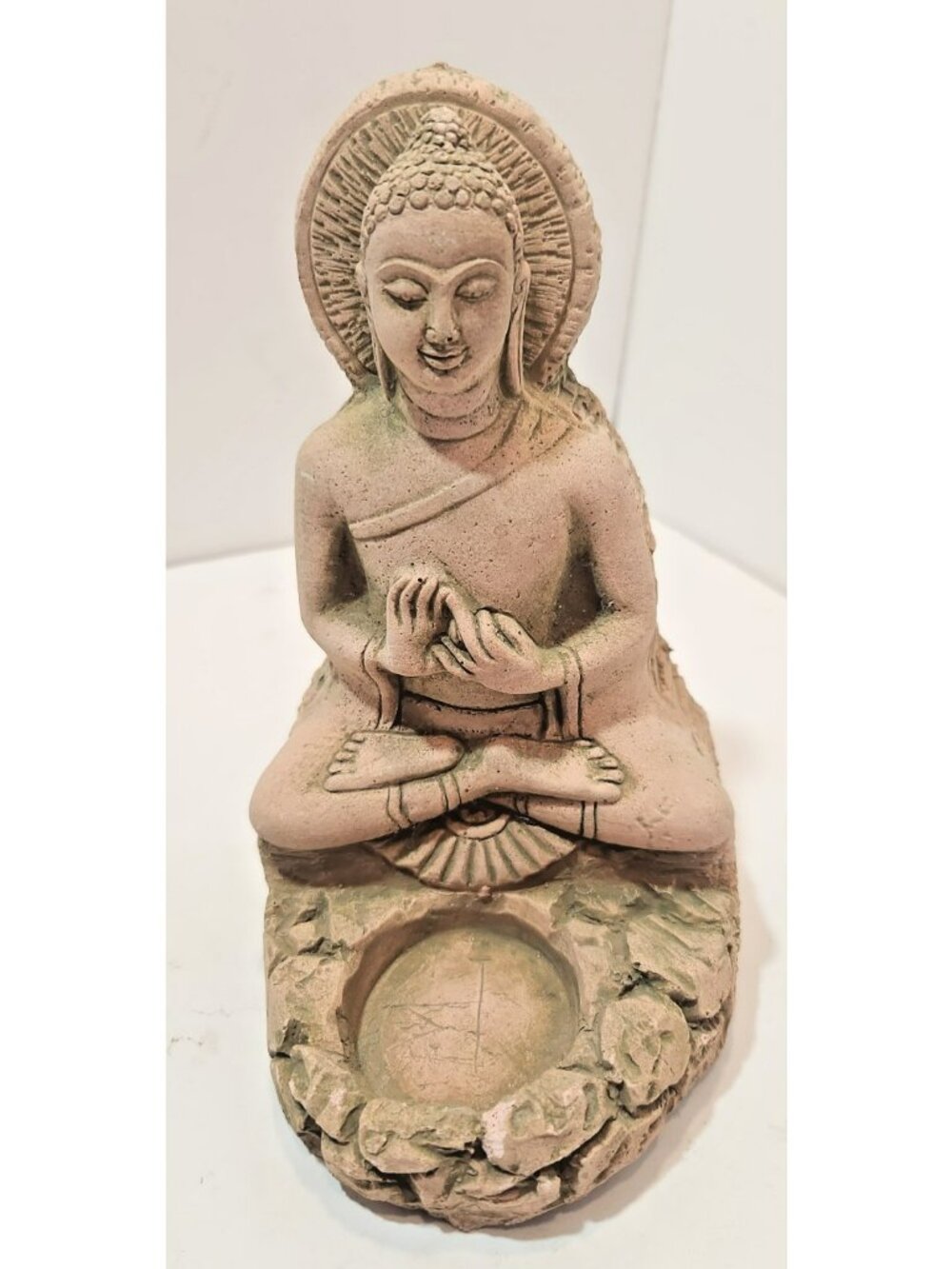 Vintage 7" Sandstone Buddha Statue -Candleholder / Incense Bowl